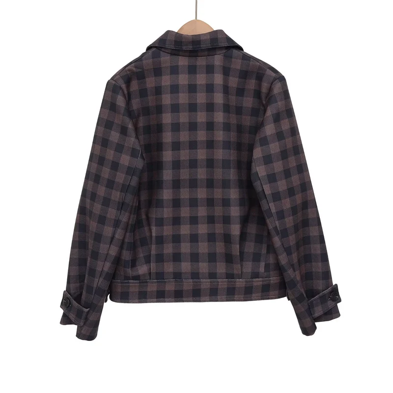 Damen Kurze Doppelreiher-Jacke im Karo-Design mit Reverskragen und Taillenbund Drune