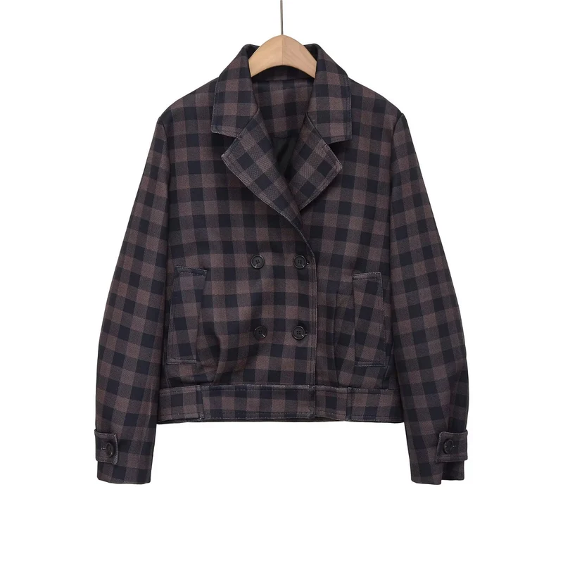 Damen Kurze Doppelreiher-Jacke im Karo-Design mit Reverskragen und Taillenbund Drune