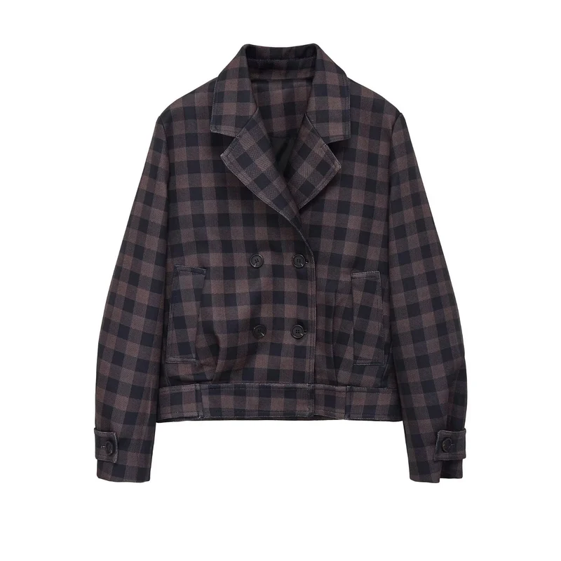Damen Kurze Doppelreiher-Jacke im Karo-Design mit Reverskragen und Taillenbund Drune
