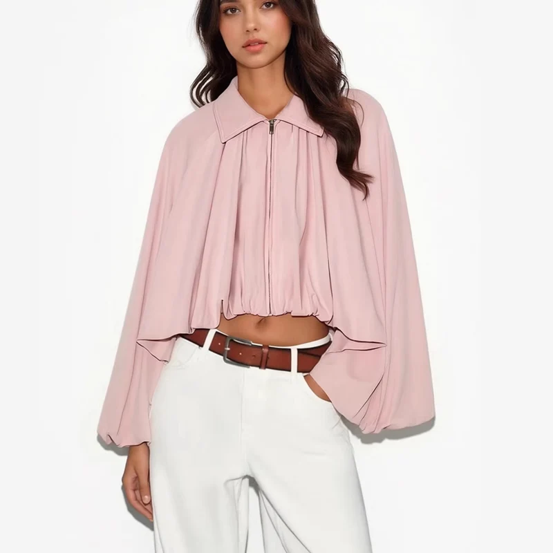 Damen Kurze Cape-Jacke mit voluminösen Ballonärmeln, Stehkragen und Reißverschluss Drune