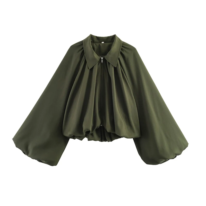 Damen Kurze Cape-Jacke mit voluminösen Ballonärmeln, Stehkragen und Reißverschluss Drune