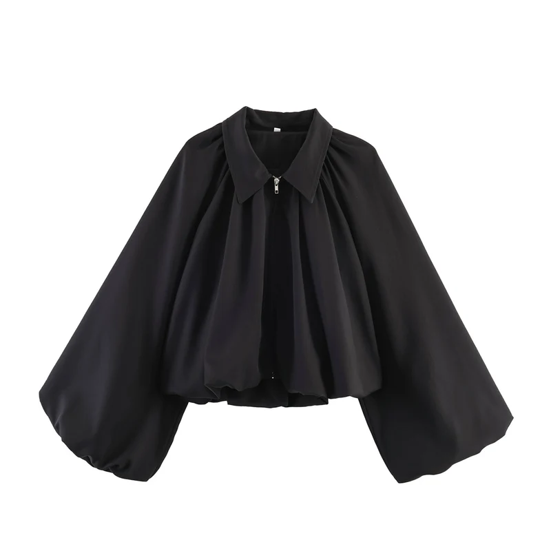 Damen Kurze Cape-Jacke mit voluminösen Ballonärmeln, Stehkragen und Reißverschluss Drune