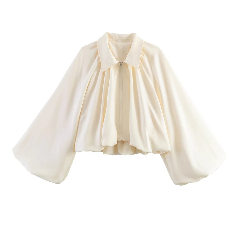 Damen Kurze Cape-Jacke mit voluminösen Ballonärmeln, Stehkragen und Reißverschluss Drune