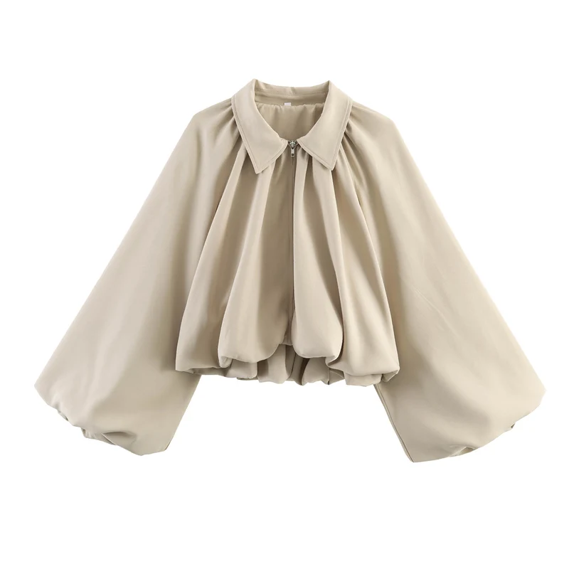Damen Kurze Cape-Jacke mit voluminösen Ballonärmeln, Stehkragen und Reißverschluss Drune