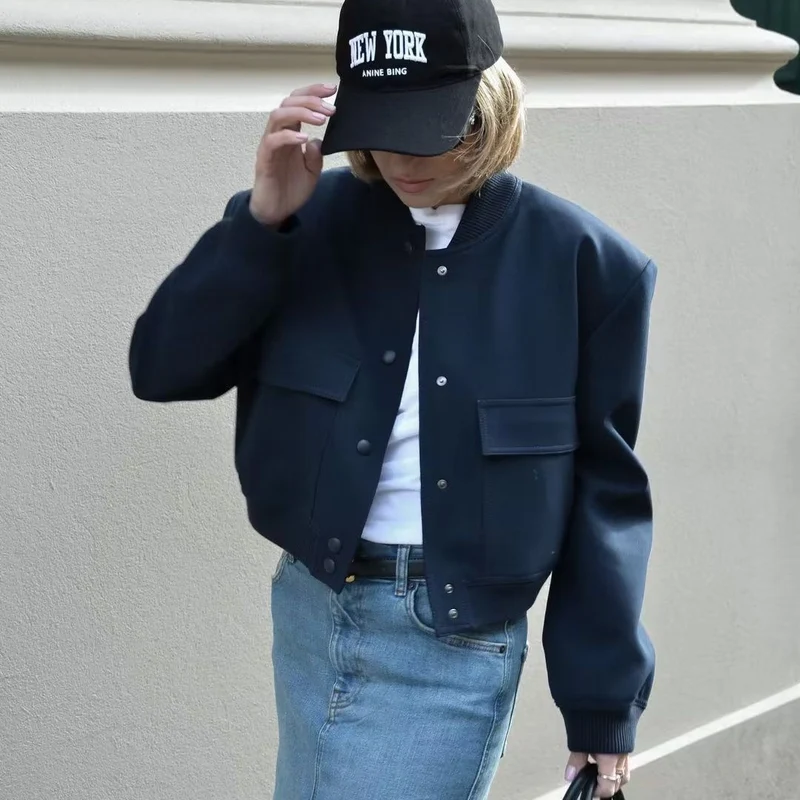 Damen kurze Bomberjacke mit Leopardenprint, Rippbündchen & Pattentaschen Drune