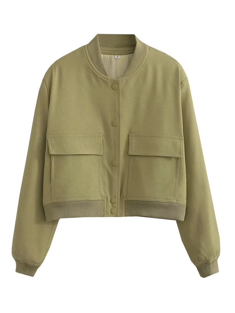 Damen kurze Bomberjacke mit Leopardenprint, Rippbündchen & Pattentaschen Drune