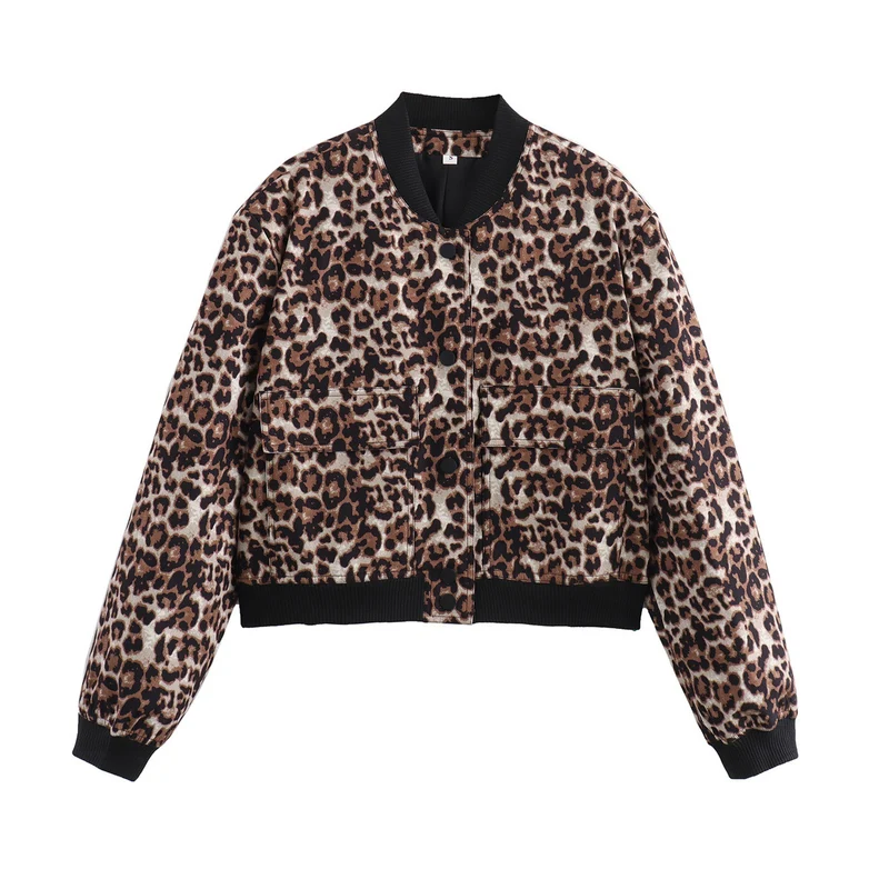 Damen kurze Bomberjacke mit Leopardenprint, Rippbündchen & Pattentaschen Drune