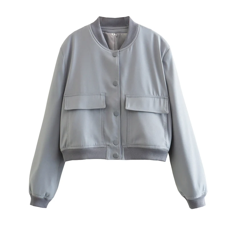 Damen kurze Bomberjacke mit Leopardenprint, Rippbündchen & Pattentaschen Drune