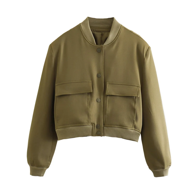 Damen kurze Bomberjacke mit Leopardenprint, Rippbündchen & Pattentaschen Drune
