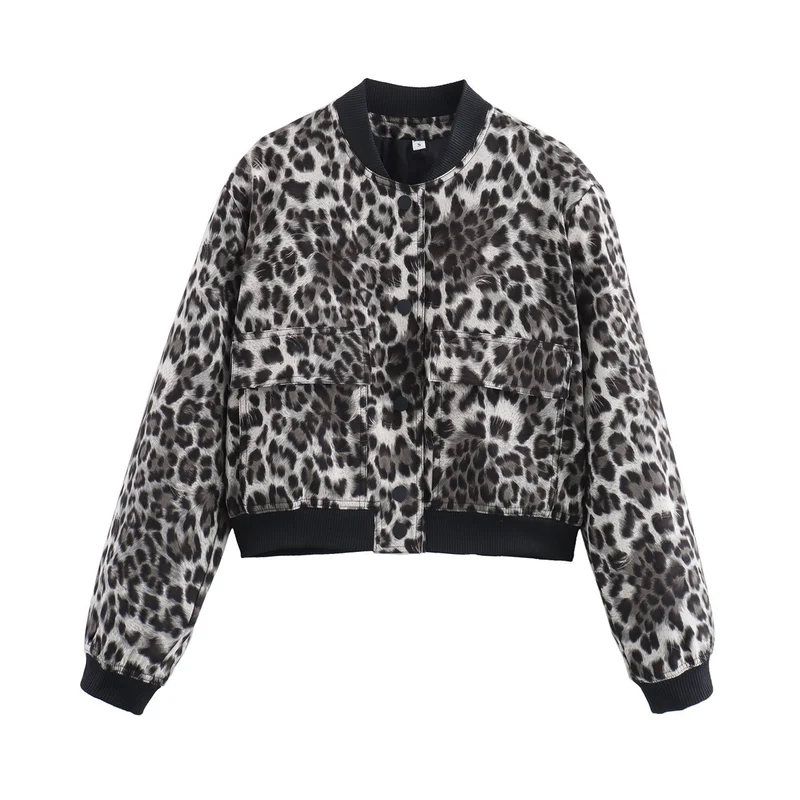 Damen kurze Bomberjacke mit Leopardenprint, Rippbündchen & Pattentaschen Drune