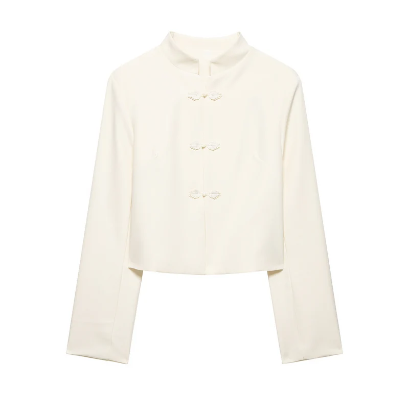 Damen Kurze Blazerjacke mit Stehkragen und Knotenverschlüssen Drune