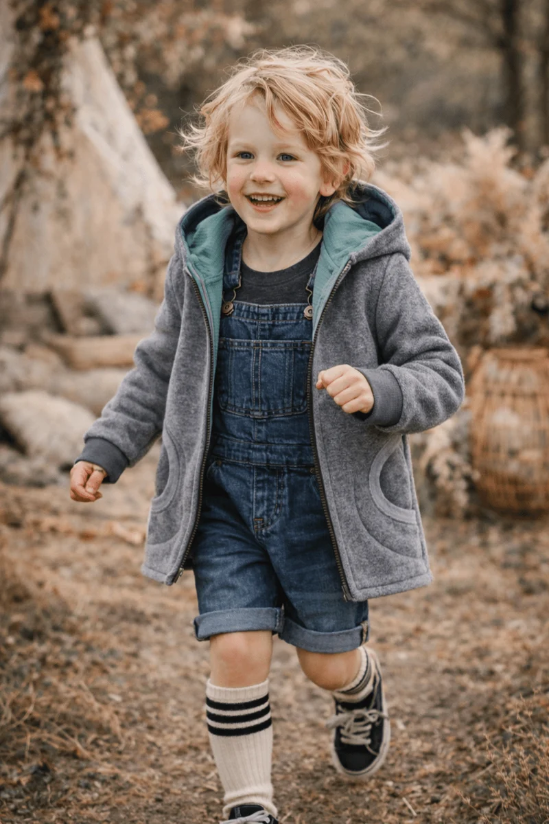 Merinofleece Jacke Kinder Kletterkind Grau / Eukalyptus