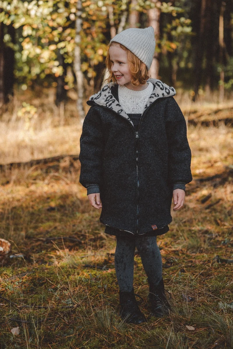 Wollwalkjacke Kinder Anthrazit mit Leo Teddyfell