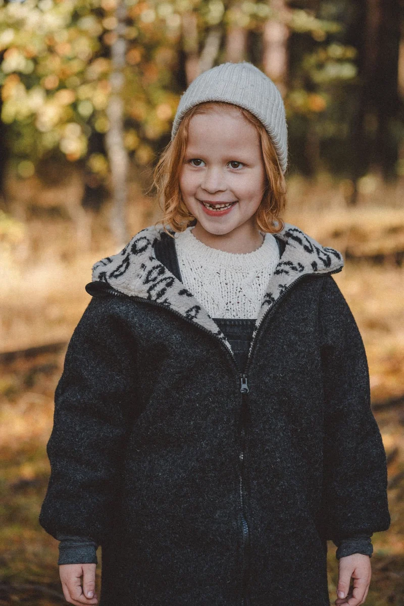 Wollwalkjacke Kinder Anthrazit mit Leo Teddyfell