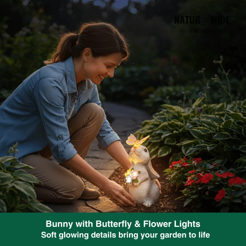 Solar Bunny Garden Statue – LED Butterfly Resin Decor