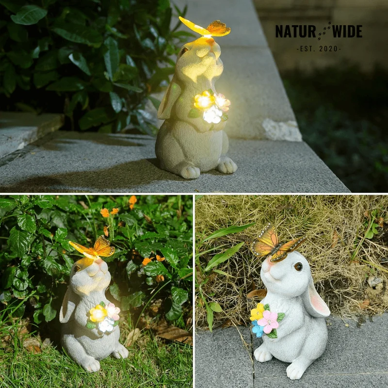 Solar Bunny Garden Statue – LED Butterfly Resin Decor
