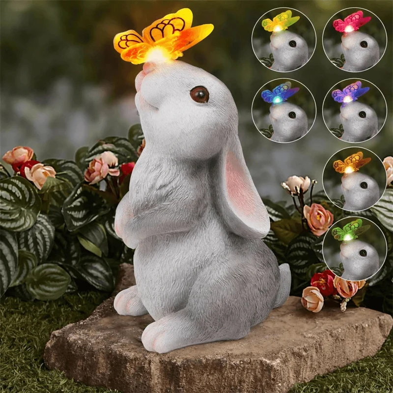 Solar Bunny Garden Statue – LED Butterfly Resin Decor