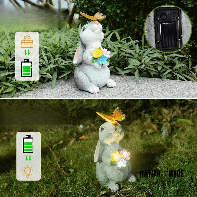 Solar Bunny Garden Statue – LED Butterfly Resin Decor