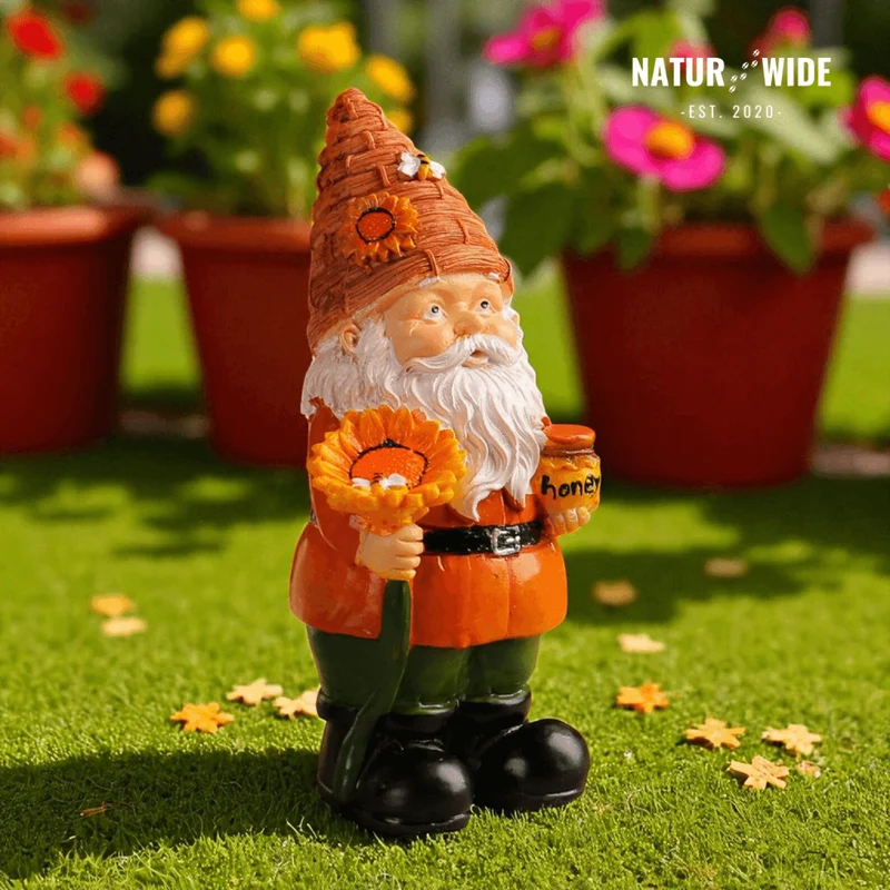 Funny Beekeeper Garden Gnome with Sunflower – Resin Statue