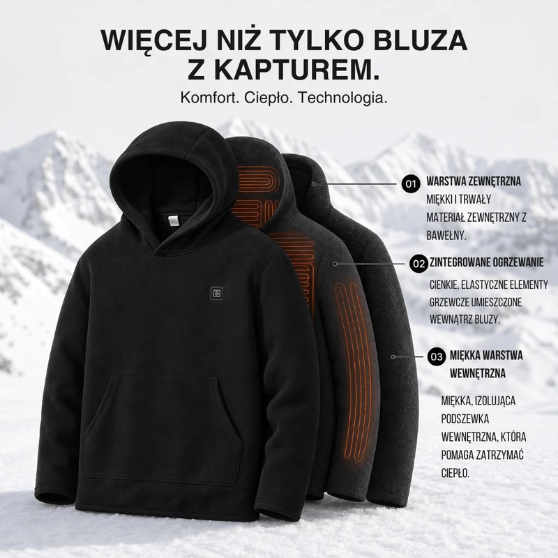 Bluza z Podgrzewaniem USB – Unisex Hoodie z Zamkiem Błyskawicznym