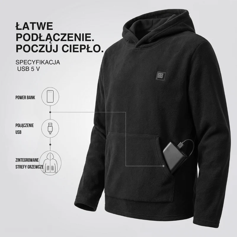 Bluza z Podgrzewaniem USB – Unisex Hoodie z Zamkiem Błyskawicznym