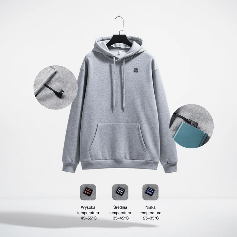 Bluza z Podgrzewaniem USB – Unisex Hoodie z Zamkiem Błyskawicznym