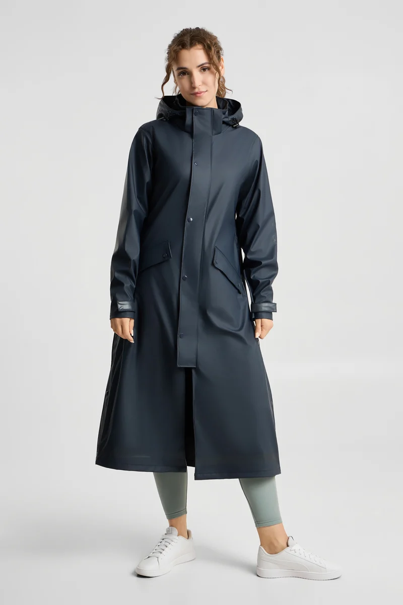 Hazel langer Damen-Regenmantel mit Schlitzen Navy 40