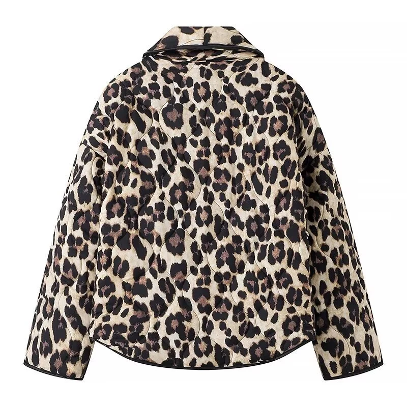Damen Gepolsterte Kurzjacke im Leopardenprint mit Schalkragen und aufgesetzten Taschen Drune