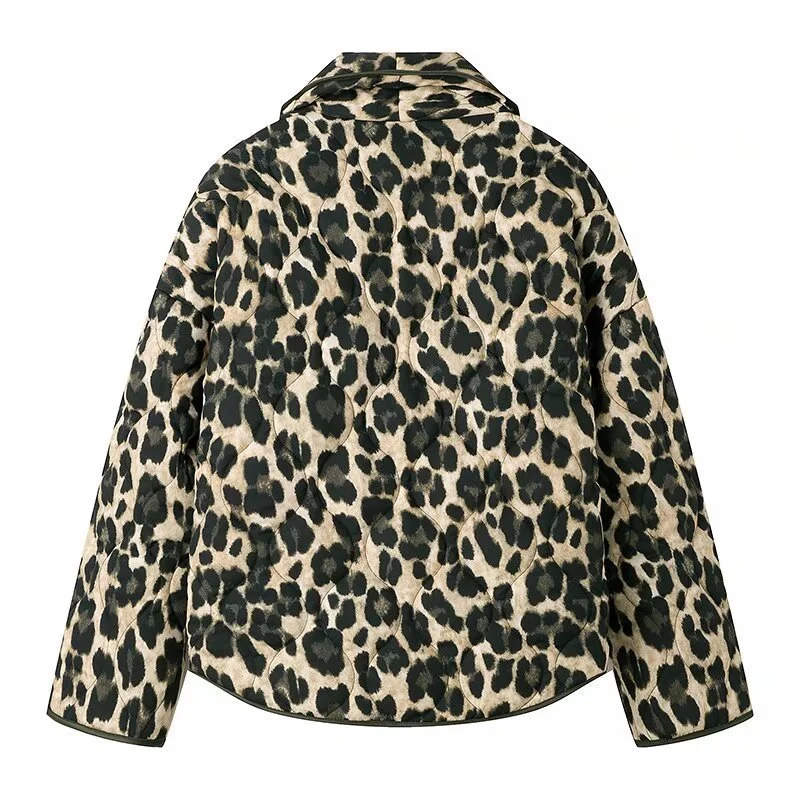 Damen Gepolsterte Kurzjacke im Leopardenprint mit Schalkragen und aufgesetzten Taschen Drune