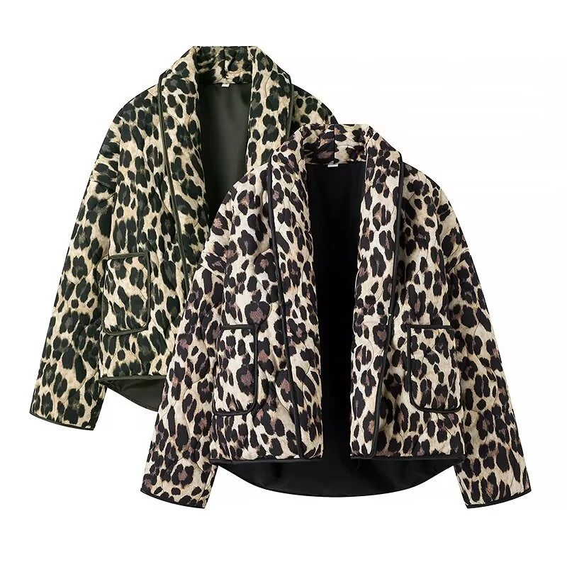 Damen Gepolsterte Kurzjacke im Leopardenprint mit Schalkragen und aufgesetzten Taschen Drune