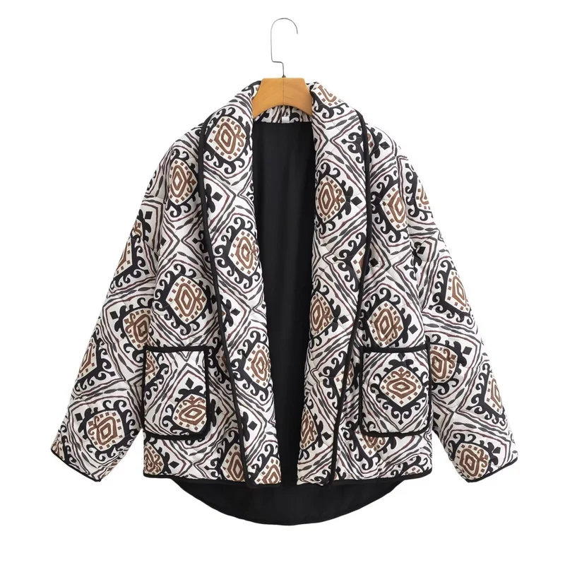 Damen Gepolsterte Kimono-Steppjacke mit Ethno-Print und Kontrastpaspeln Drune