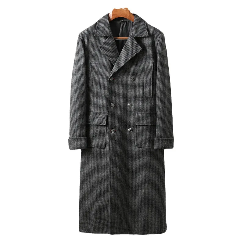 Herren Eleganter lang geschnittener Wollmantel mit Doppelreihe und Pattentaschen Drune