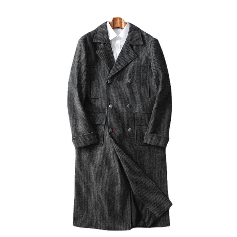 Herren Eleganter lang geschnittener Wollmantel mit Doppelreihe und Pattentaschen Drune