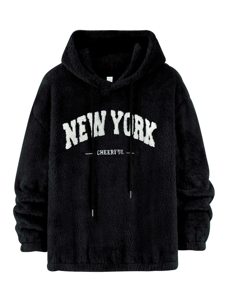 Unisex Kuscheliger Teddy-Fleece-Hoodie mit Chenille-Schriftzug Drune