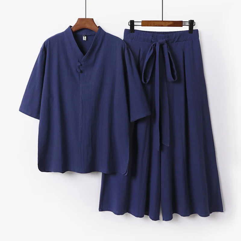 Unisex Zweiteiliges Kimono-Lounge-Set mit Stehkragen Kurzarmtop und weiter Bindbundhose Drune
