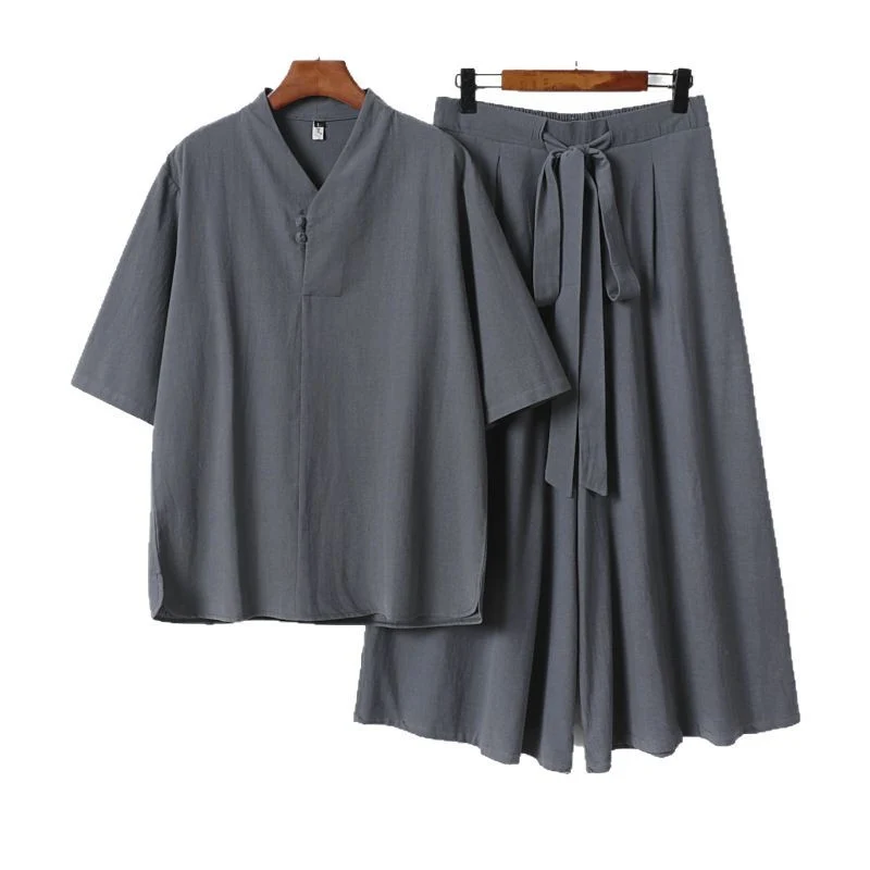 Unisex Zweiteiliges Kimono-Lounge-Set mit Stehkragen Kurzarmtop und weiter Bindbundhose Drune