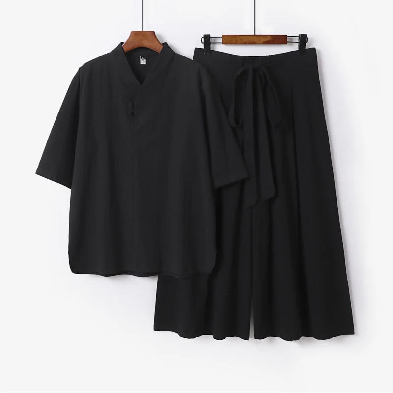 Unisex Zweiteiliges Kimono-Lounge-Set mit Stehkragen Kurzarmtop und weiter Bindbundhose Drune