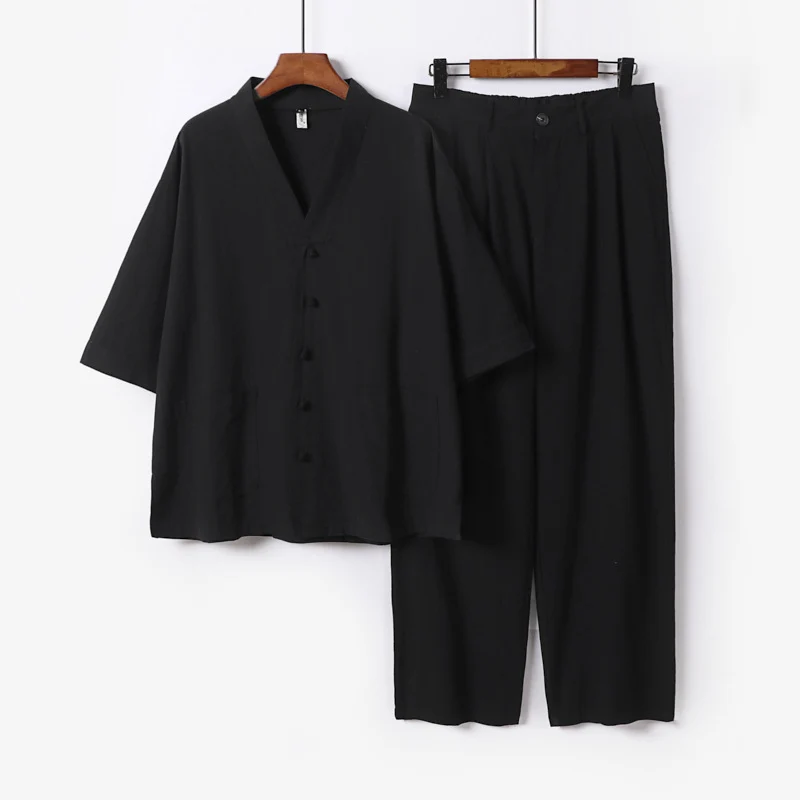 Unisex Zen-inspiriertes Relax-Set mit Kurzarm-Kimono-Oberteil, verdeckter Knopfleiste und elastischer Bundhose Drune