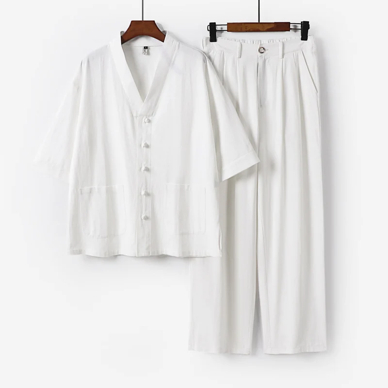 Unisex Zen-inspiriertes Relax-Set mit Kurzarm-Kimono-Oberteil, verdeckter Knopfleiste und elastischer Bundhose Drune