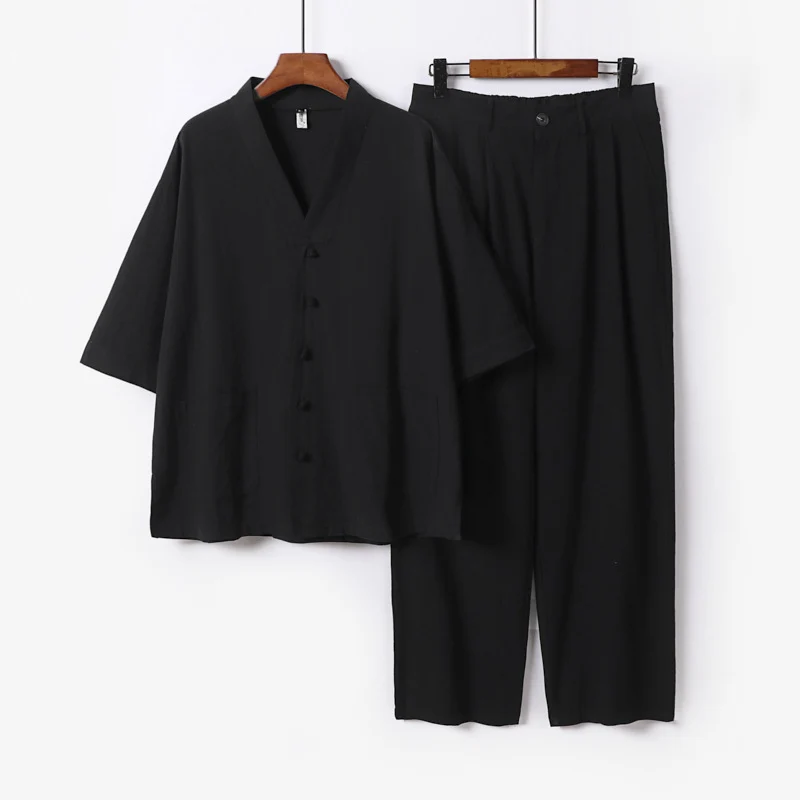 Unisex Zen-inspiriertes Relax-Set mit Kurzarm-Kimono-Oberteil, verdeckter Knopfleiste und elastischer Bundhose Drune