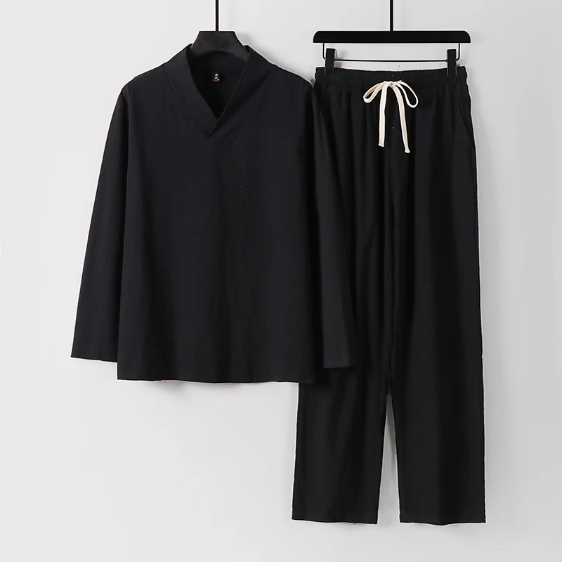 Unisex Zen-inspiriertes Leichtes Loungewear-Set mit V-Ausschnitt-Shirt und Elastischer Kordelbund-Hose Drune