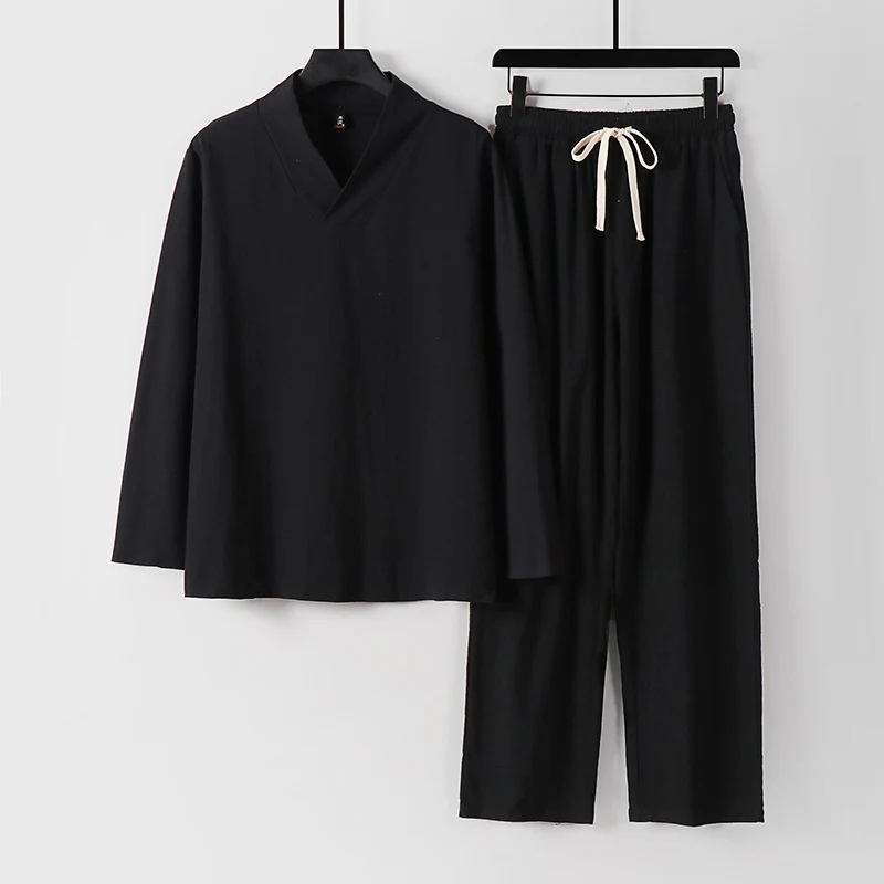 Unisex Zen-inspiriertes Leichtes Loungewear-Set mit V-Ausschnitt-Shirt und Elastischer Kordelbund-Hose Drune