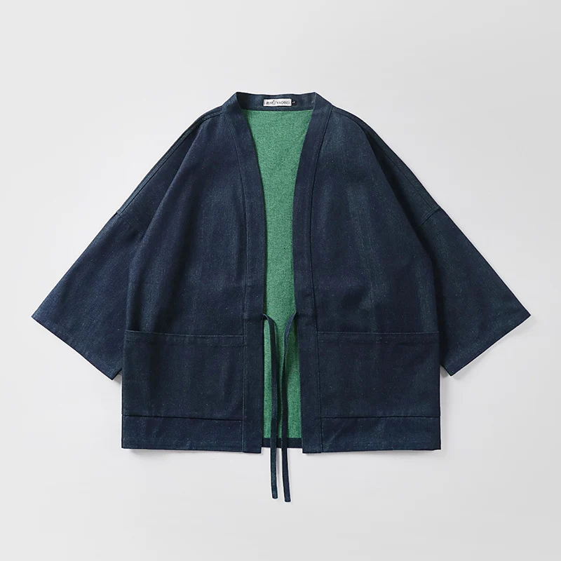 Unisex weit geschnittene Kimono-Jacke aus Baumwoll-Denim mit Bindeband und großen Aufgesetzten Taschen Drune