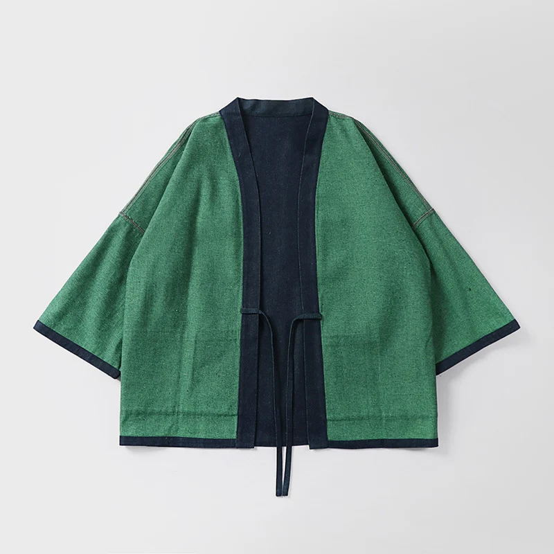 Unisex weit geschnittene Kimono-Jacke aus Baumwoll-Denim mit Bindeband und großen Aufgesetzten Taschen Drune