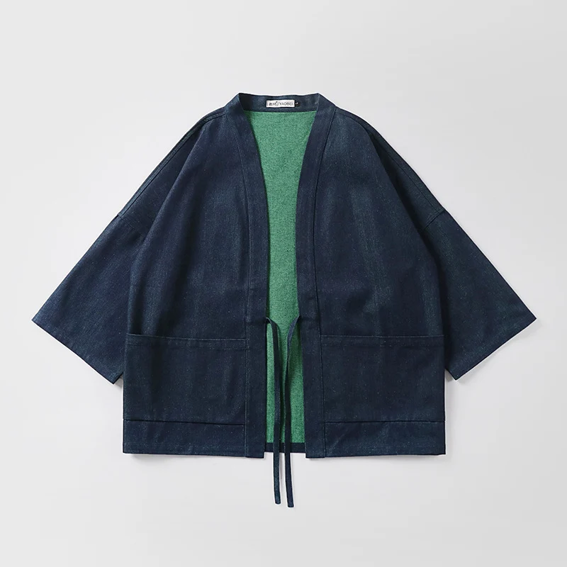 Unisex weit geschnittene Kimono-Jacke aus Baumwoll-Denim mit Bindeband und großen Aufgesetzten Taschen Drune