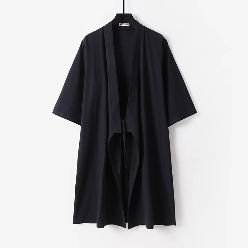 Unisex Oversize Kimono-Mantel aus Baumwollmischung mit Bindeband und Dreiviertelärmeln Drune