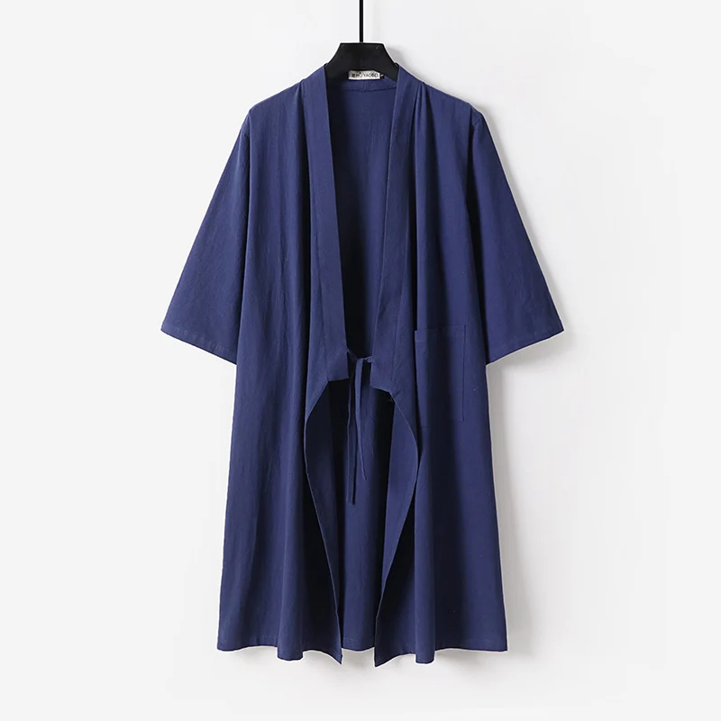 Unisex Oversize Kimono-Mantel aus Baumwollmischung mit Bindeband und Dreiviertelärmeln Drune