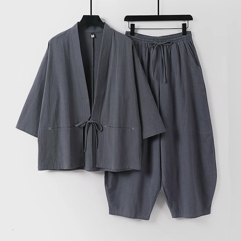 Unisex Modernes Kimono-Lounge-Set aus weichem Baumwollmix mit Kurzjacke, Tunnelzug-Hose und gerafften Knöcheln Drune
