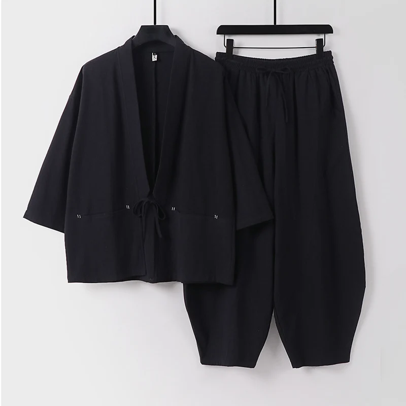 Unisex Modernes Kimono-Lounge-Set aus weichem Baumwollmix mit Kurzjacke, Tunnelzug-Hose und gerafften Knöcheln Drune