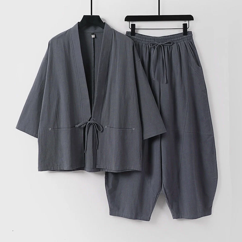 Unisex Modernes Kimono-Lounge-Set aus weichem Baumwollmix mit Kurzjacke, Tunnelzug-Hose und gerafften Knöcheln Drune